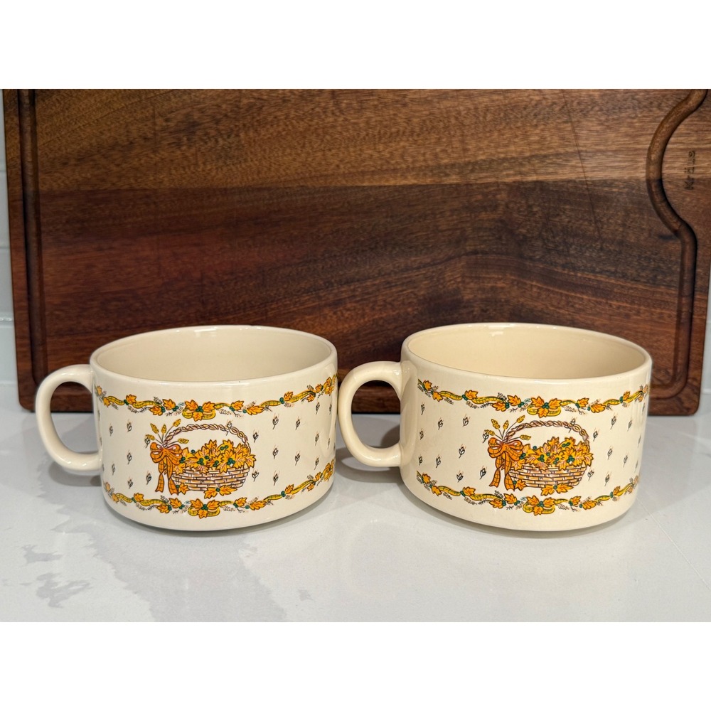 Vintage House of Lloyd Harvest Basket Soup Mugs Set of 2 Cream Stoneware 1990s